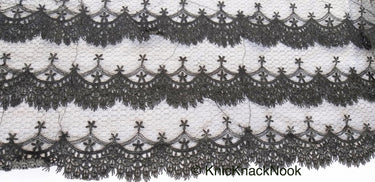 Black Net Lace Trim With Embroidered Flowers 12 inches wide, One Yard Lace Trims